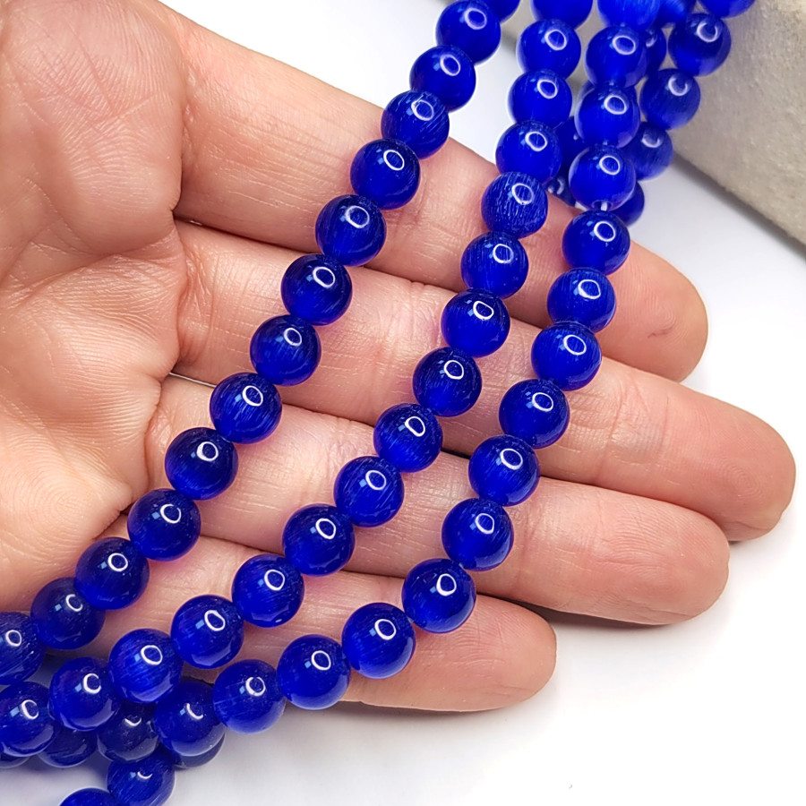 8 мм Кошачий глаз, бусины гладкий шар, цвет Синий, нить 36-37 см