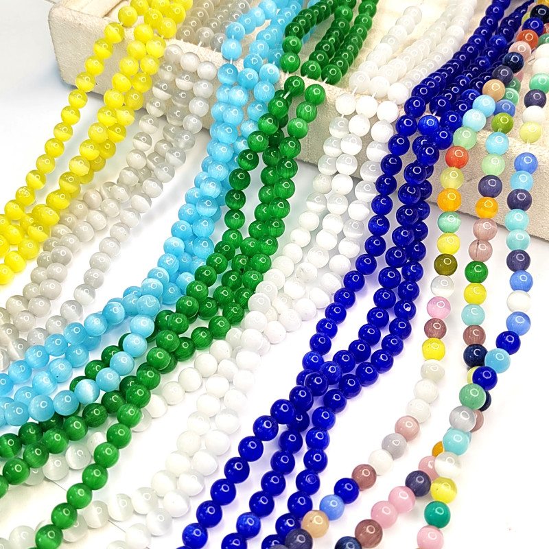 8 мм Кошачий глаз, бусины гладкий шар, цвет Голубой, нить 36-37 см