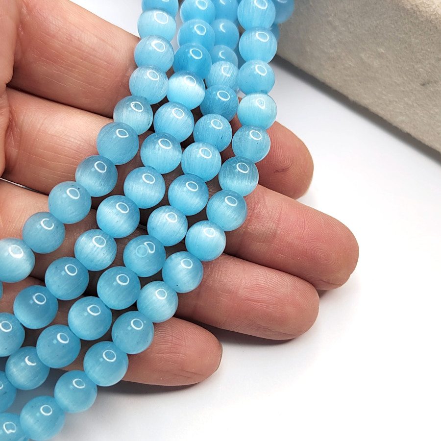 8 мм Кошачий глаз, бусины гладкий шар, цвет Голубой, нить 36-37 см