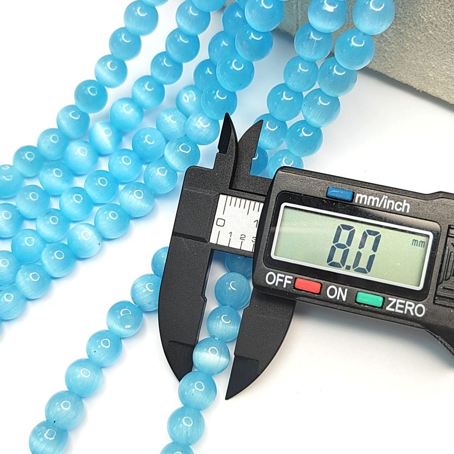 8 мм Кошачий глаз, бусины гладкий шар, цвет Голубой, нить 36-37 см