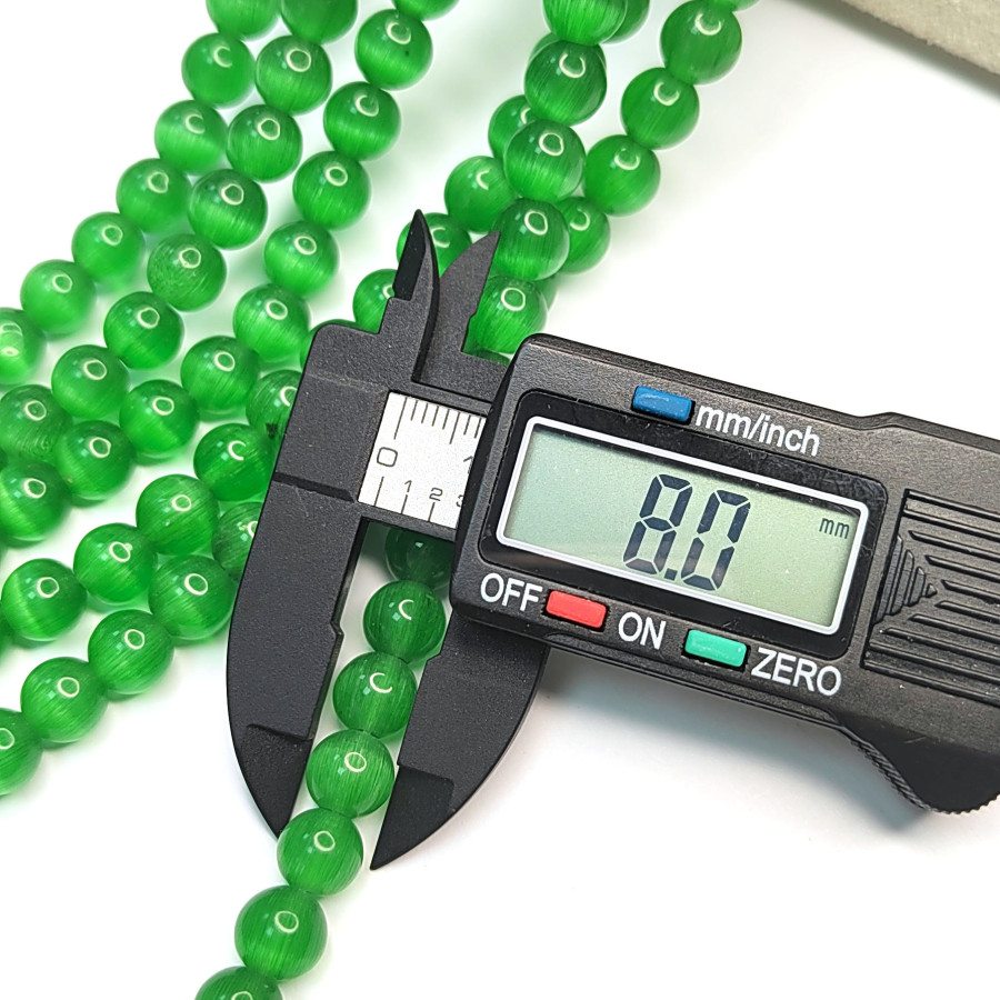 8 мм Кошачий глаз, бусины гладкий шар, цвет Зелёный, нить 36-37 см