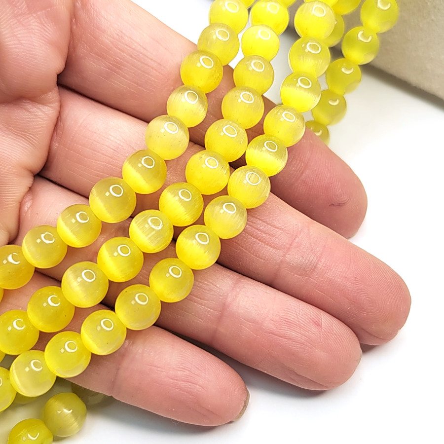 8 мм Кошачий глаз, бусины гладкий шар, цвет Жёлтый, нить 36-37 см