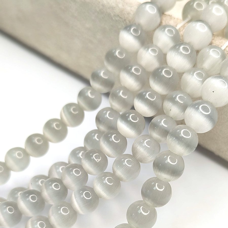 8 мм Кошачий глаз, бусины гладкий шар, цвет Серый, нить 36-37 см