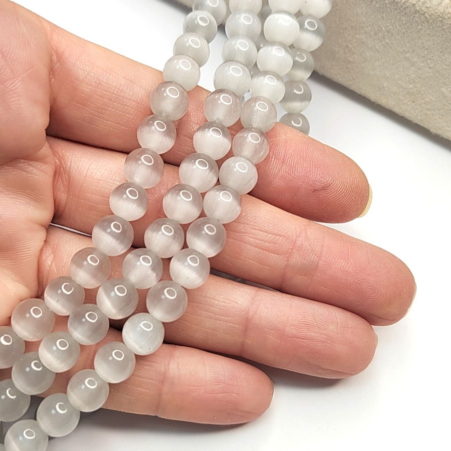 8 мм Кошачий глаз, бусины гладкий шар, цвет Серый, нить 36-37 см