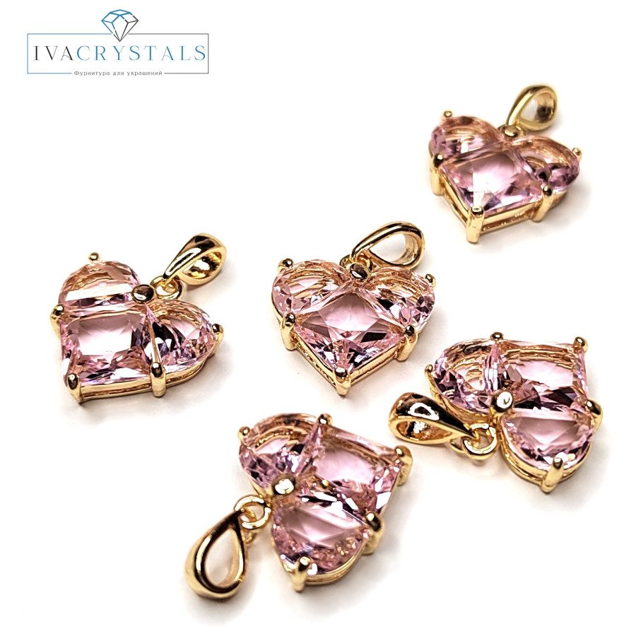 Подвеска Сердце 14,5 мм с розовым фианитом, штука покрытие Позолота