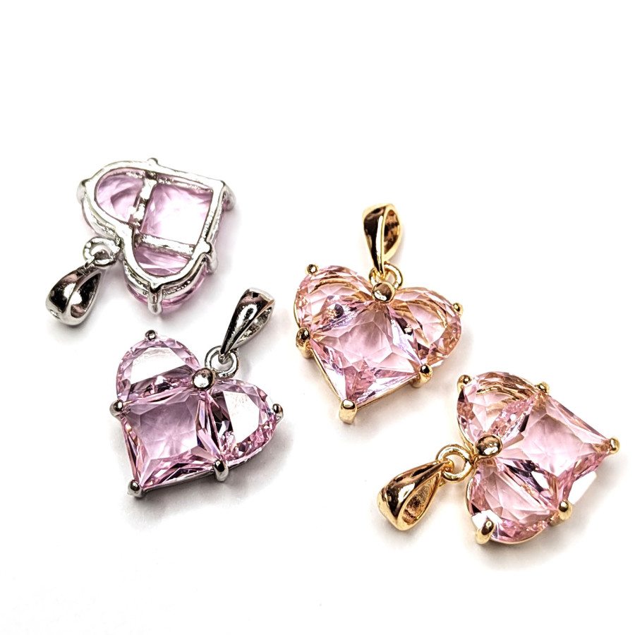 Подвеска Сердце 14,5 мм с розовым фианитом, штука