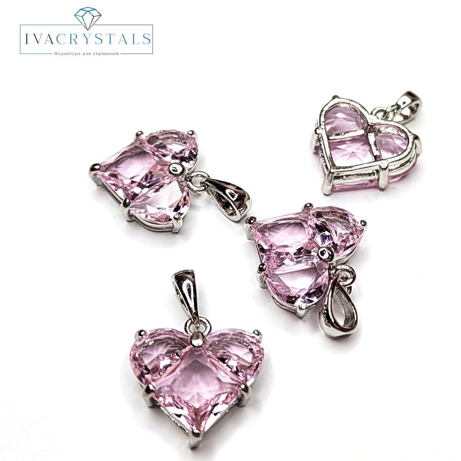 Подвеска Сердце 14,5 мм с розовым фианитом, штука покрытие Родий
