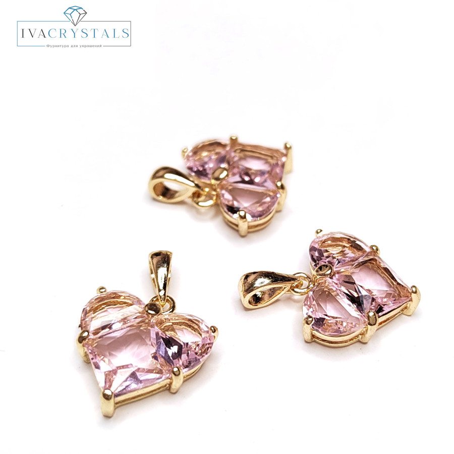 Подвеска Сердце 14,5 мм с розовым фианитом, штука