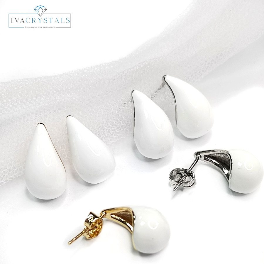 Серьги гвоздики Капли белые 17,5х9 мм, пара