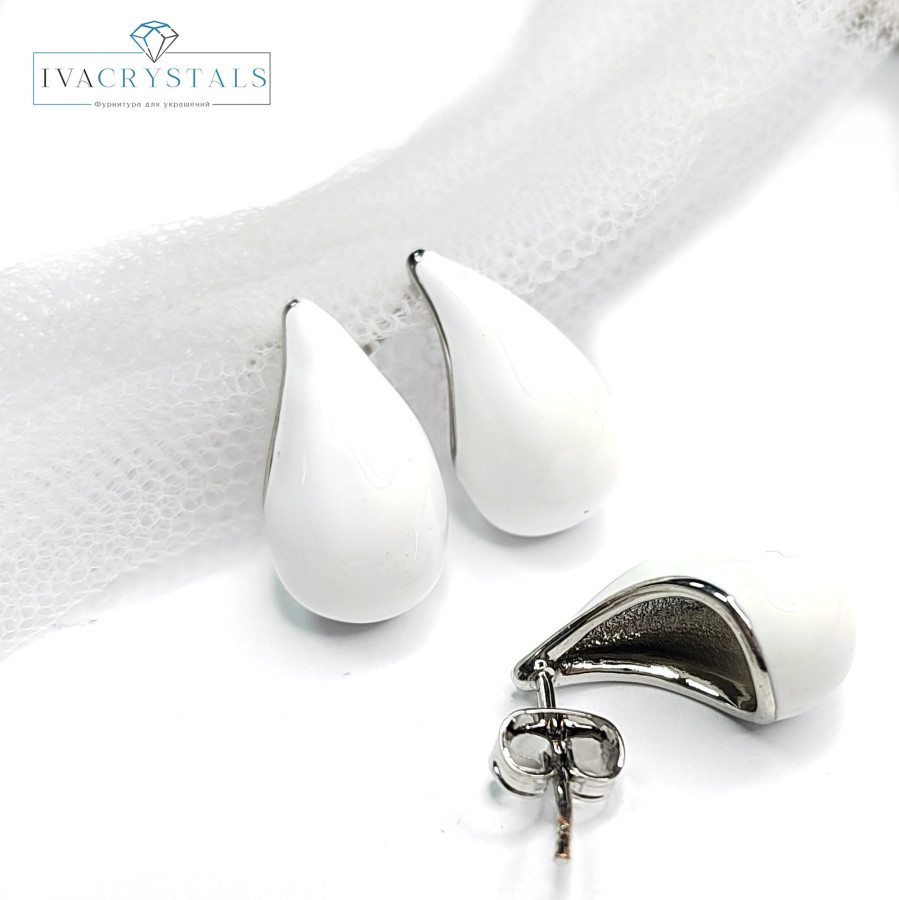Серьги гвоздики Капли белые 17,5х9 мм, пара покрытие Родий