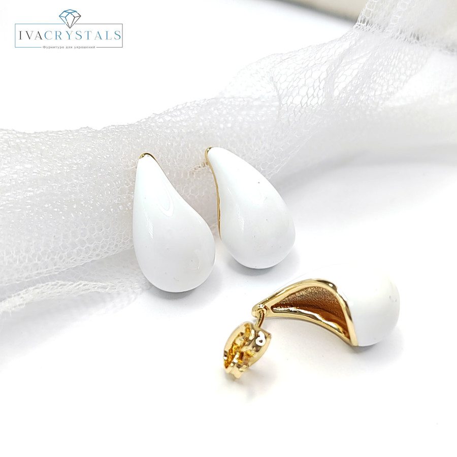 Серьги гвоздики Капли белые 17,5х9 мм, пара покрытие Позолота