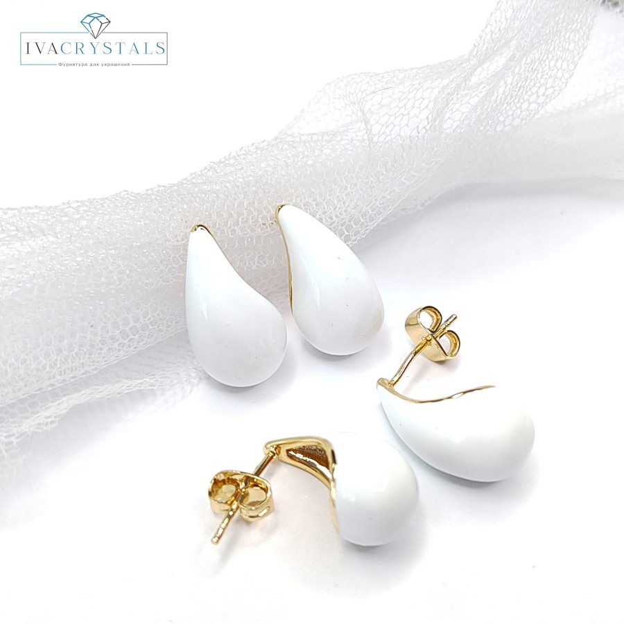 Серьги гвоздики Капли белые 17,5х9 мм, пара