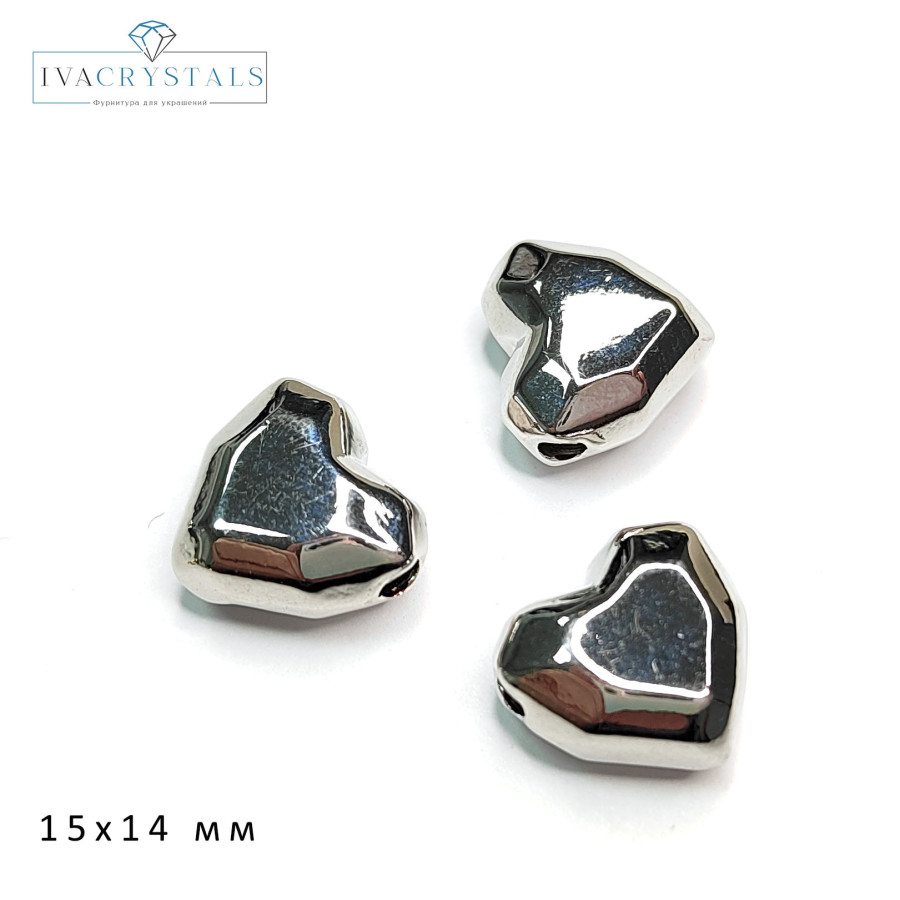 Подвеска - разделитель Сердце 15х14 мм с гранями, штука покрытие Родий