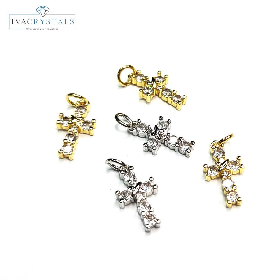 Подвеска Крестик с фианитами, 15х8 мм, штука
