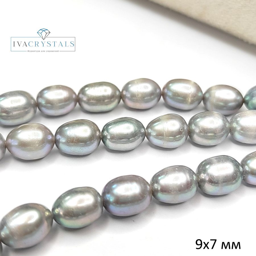 Жемчуг натуральный Серый 9х7 мм (серебристый), культивированный, НИТЬ 35,5 см