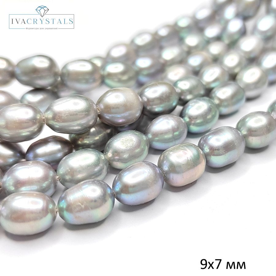 Жемчуг натуральный Серый 9х7 мм (серебристый), культивированный, НИТЬ 35,5 см