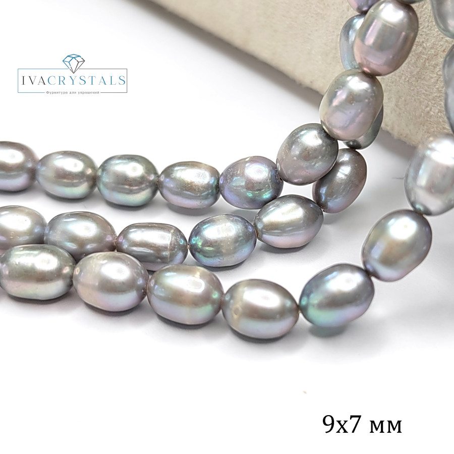 Жемчуг натуральный Серый 9х7 мм (серебристый), культивированный, НИТЬ 35,5 см