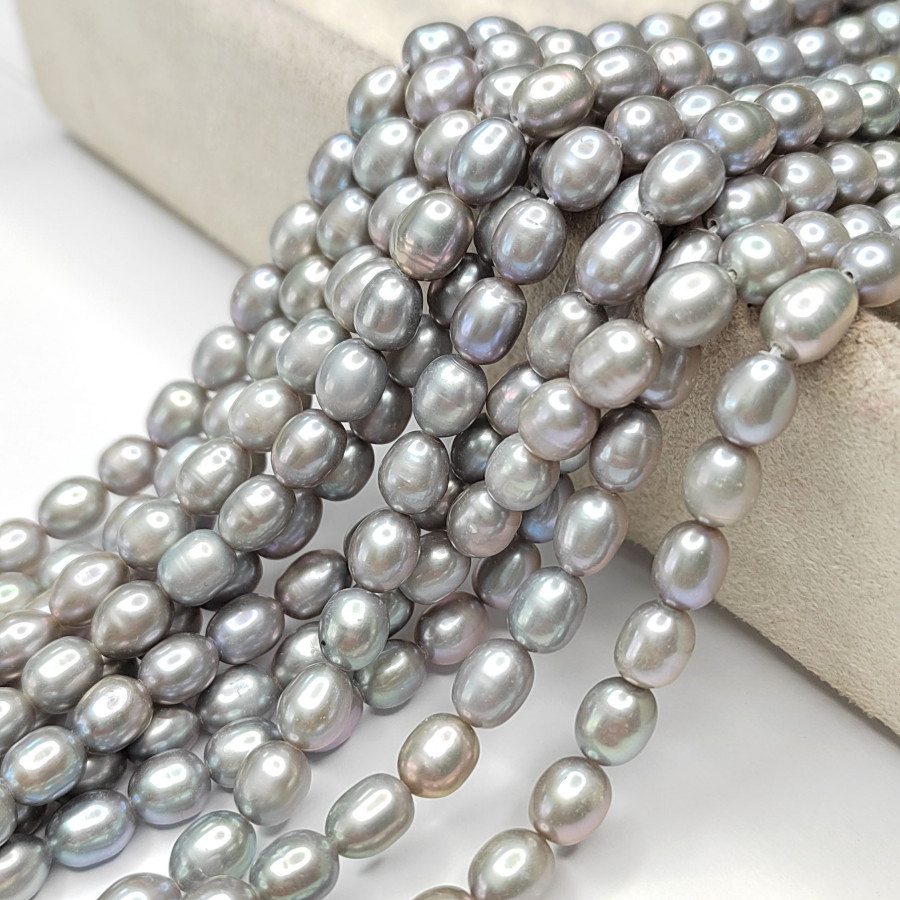 Жемчуг натуральный Серый 6х7 мм (серебристый), культивированный, НИТЬ 35 см