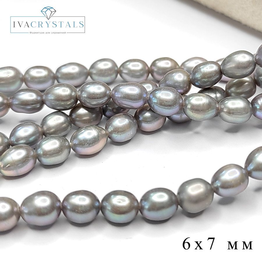Жемчуг натуральный Серый 6х7 мм (серебристый), культивированный, НИТЬ 35 см