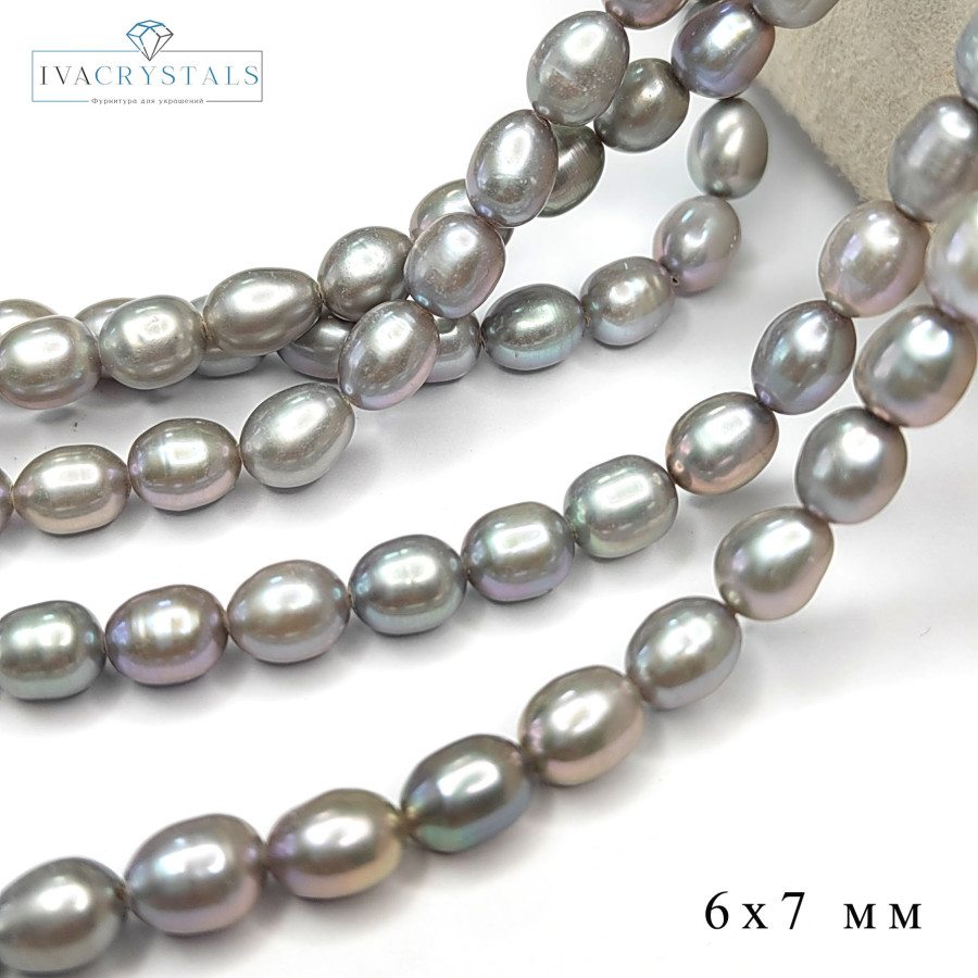 Жемчуг натуральный Серый 6х7 мм (серебристый), культивированный, НИТЬ 35 см