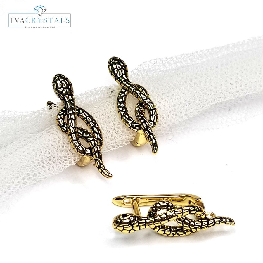 Швензы Змейки 24х8 мм с зелёными глазками,  пара покрытие Позолота