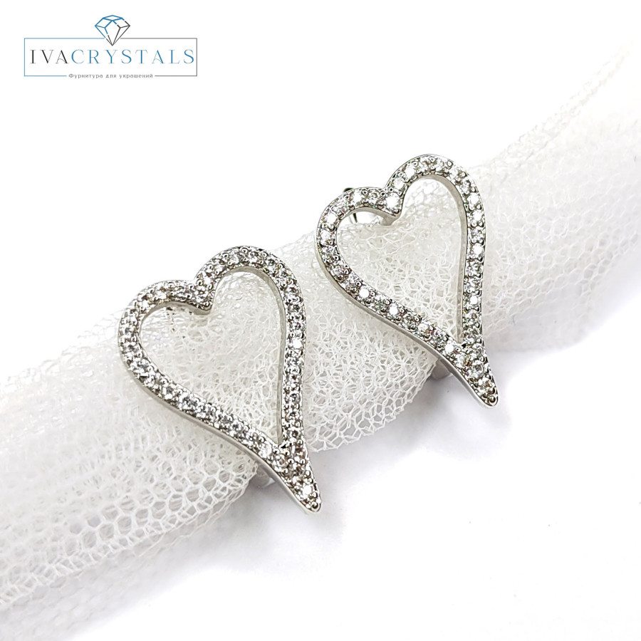 Швензы Сердце 18х13 мм с фианитами, пара покрытие Родий