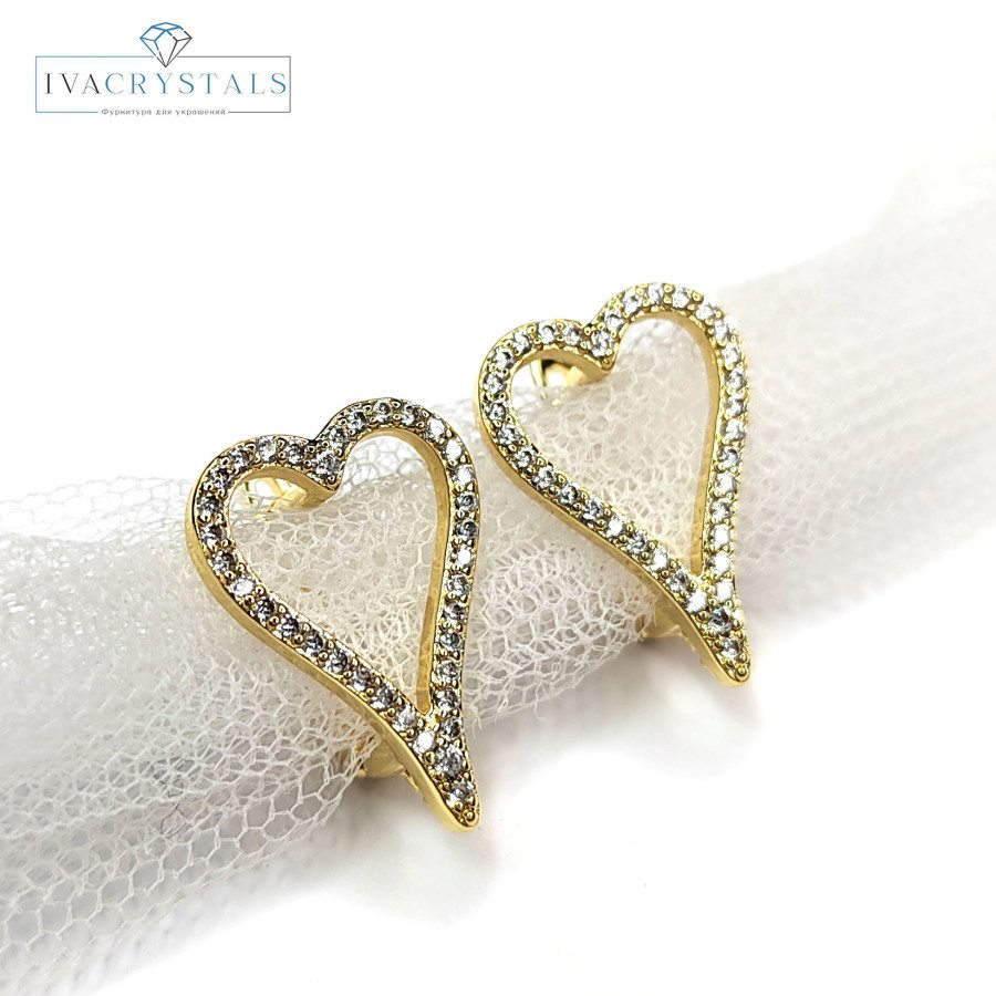 Швензы Сердце 18х13 мм с фианитами, пара покрытие Позолота