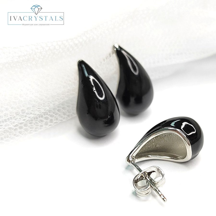 Серьги гвоздики Капли Чёрные 17,5х9 мм, пара покрытие Родий