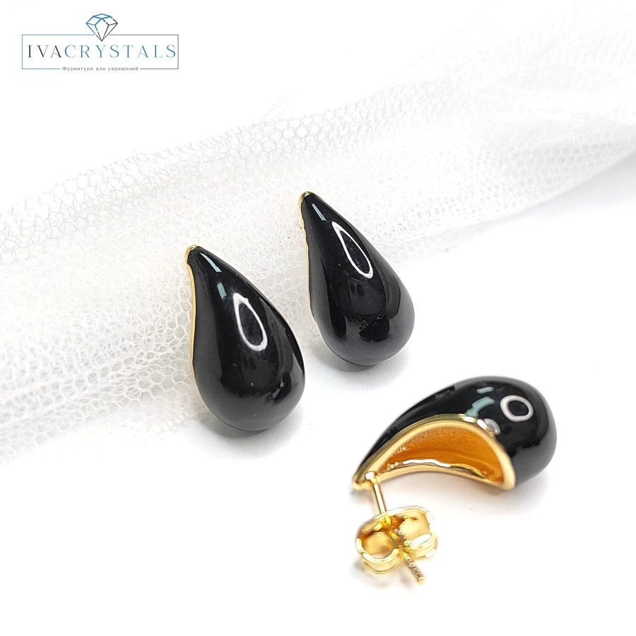 Серьги гвоздики Капли Чёрные 17,5х9 мм, пара покрытие Позолота