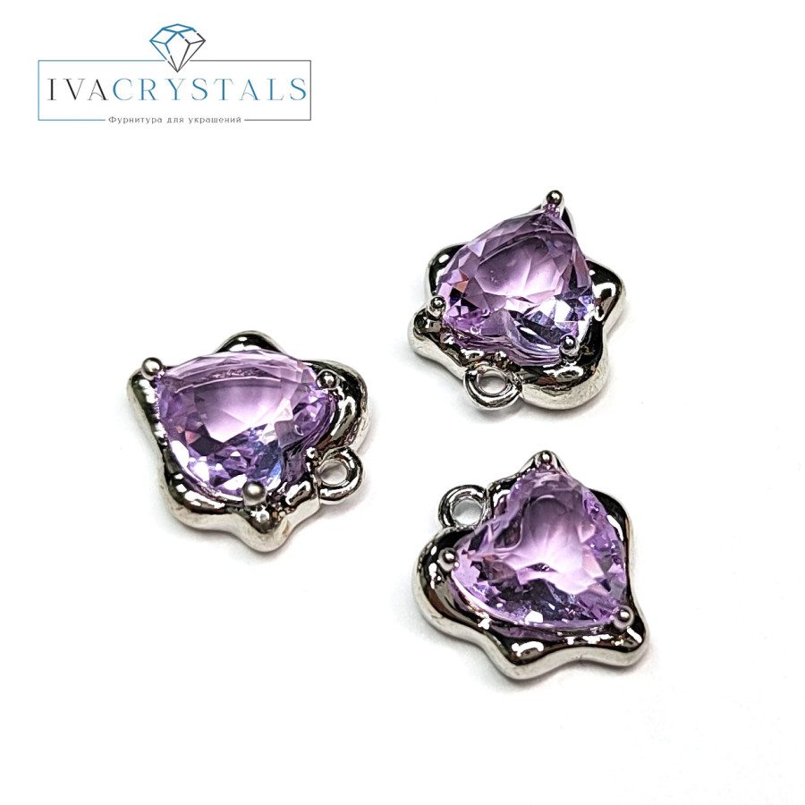 Подвеска Сердце с сиреневым фианитом, 11х13 мм , штука