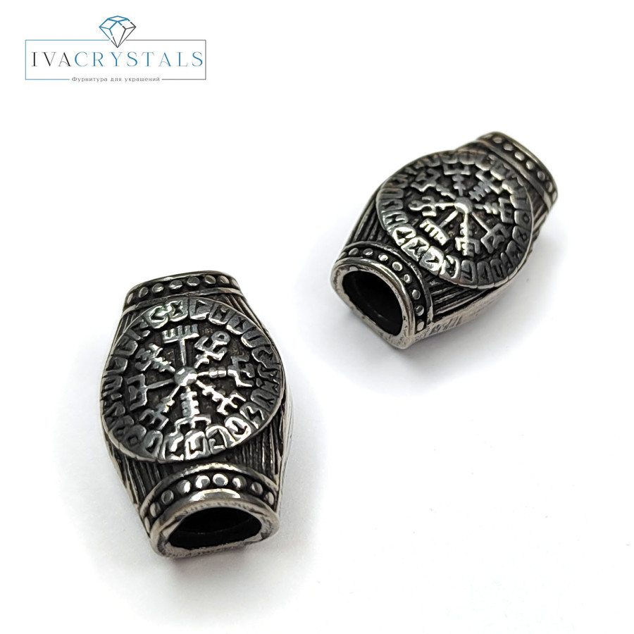 Вегвизир с рунами Крупная разделительная бусина из нержавеющей стали с чернением, 20х13 мм, штука