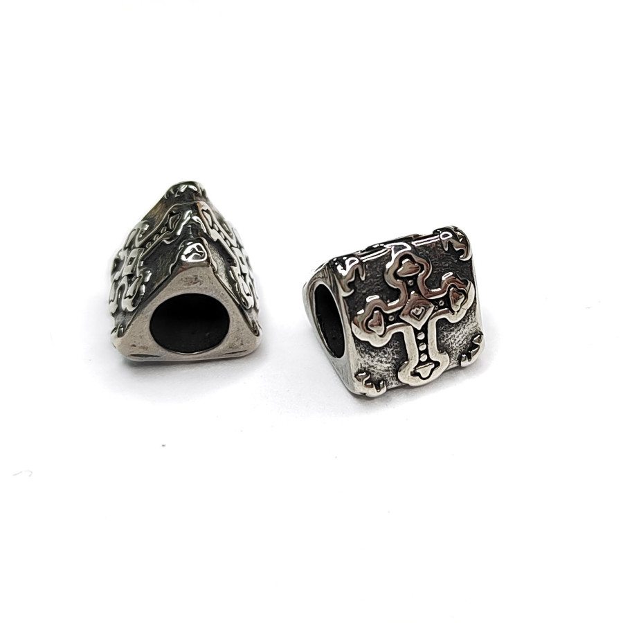 Разделительная бусина 11х10 мм треугольной формы из нержавеющей стали с чернением, узор Крест, штука