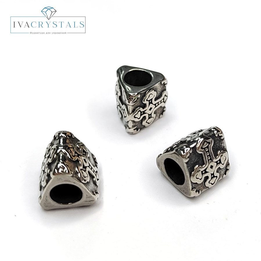 Разделительная бусина 11х10 мм треугольной формы из нержавеющей стали с чернением, узор Крест, штука