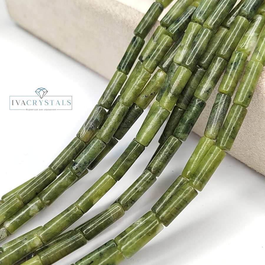 Нефрит натуральный 13х4 мм бусины, Трубочки, НИТЬ 39 см