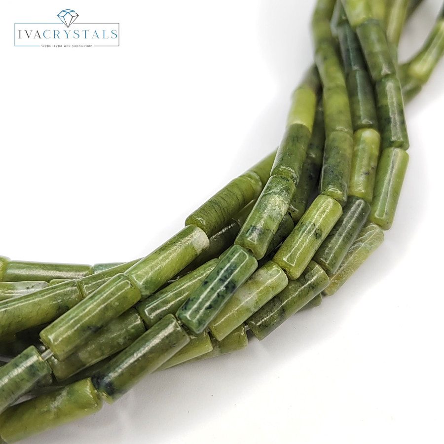 Нефрит натуральный 13х4 мм бусины, Трубочки, НИТЬ 39 см