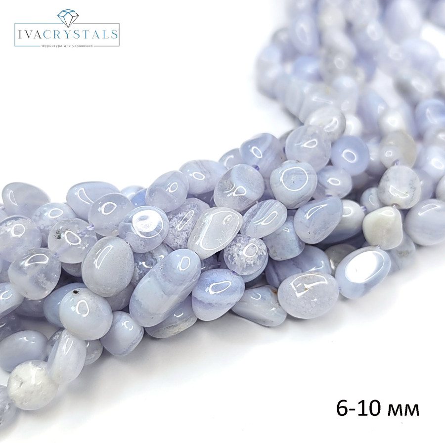 Голубой агат (сапфирин) галтовка 6-10 мм, натуральный камень, нить 40 см