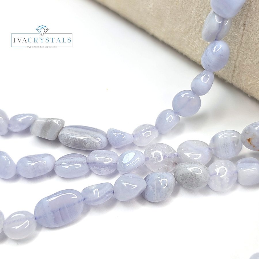 Голубой агат (сапфирин) галтовка 6-10 мм, натуральный камень, нить 40 см
