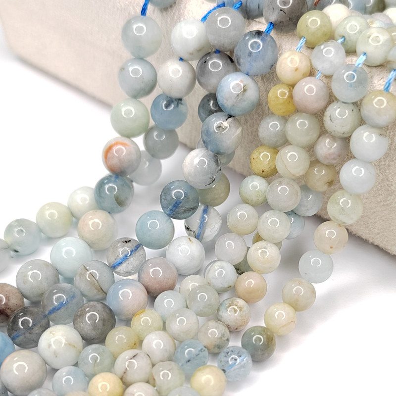 6 мм Аквамарин натуральный камень, гладкий шар, НИТЬ 39 см