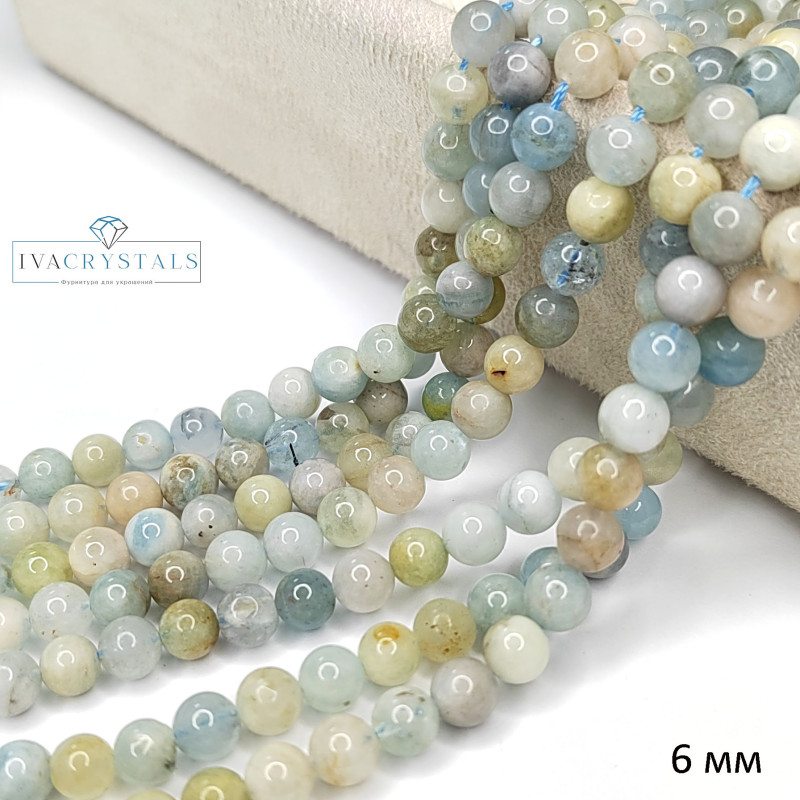 6 мм Аквамарин натуральный камень, гладкий шар, НИТЬ 39 см