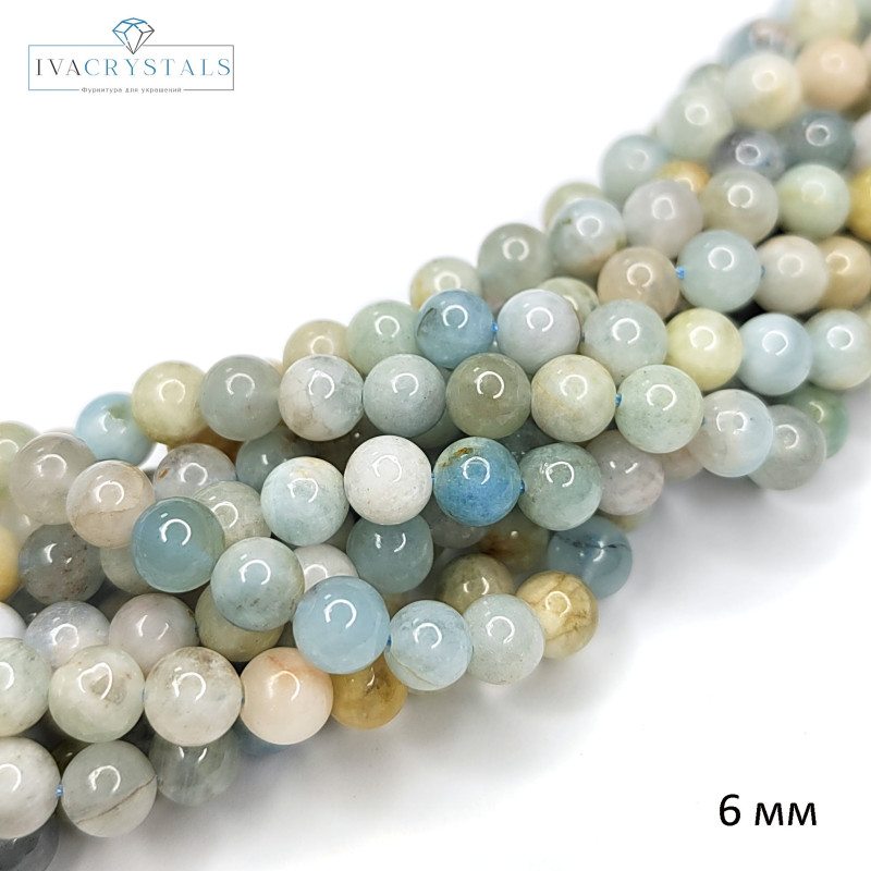 6 мм Аквамарин натуральный камень, гладкий шар, НИТЬ 39 см