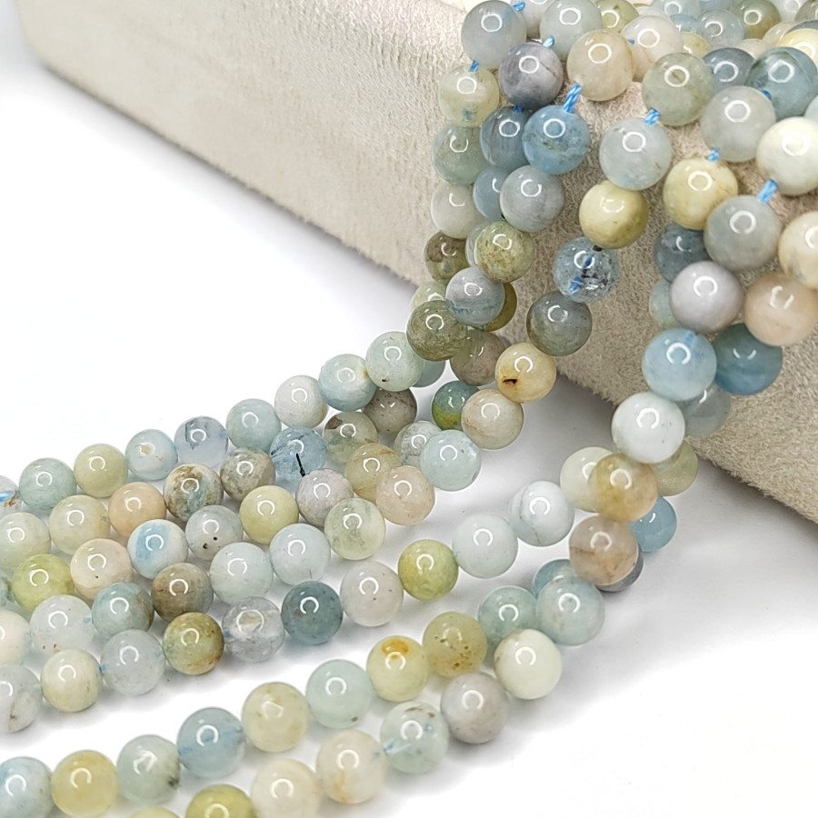 6 мм Аквамарин натуральный камень, гладкий шар, НИТЬ 39 см
