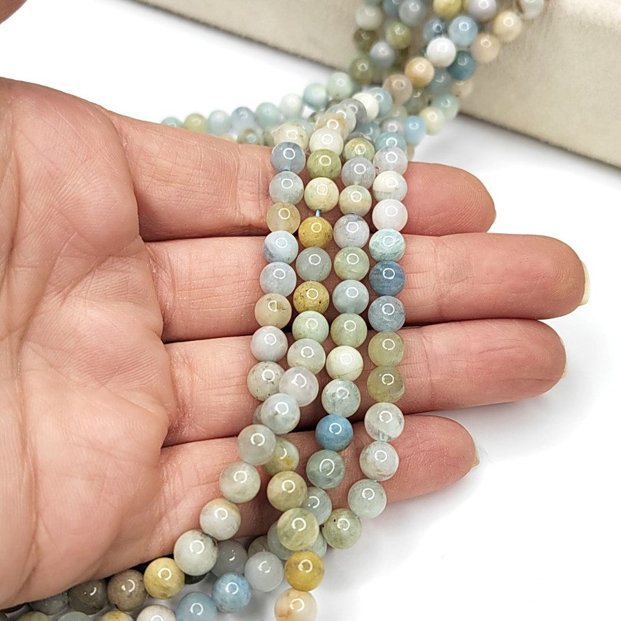 6 мм Аквамарин натуральный камень, гладкий шар, НИТЬ 39 см