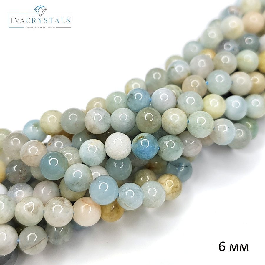 6 мм Аквамарин натуральный камень, гладкий шар, НИТЬ 39 см