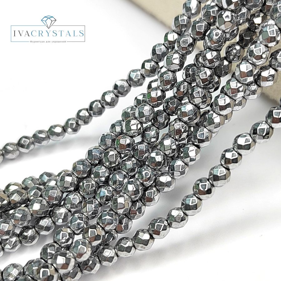 4 мм Гематит граненый, нить 40 см покрыти Родий