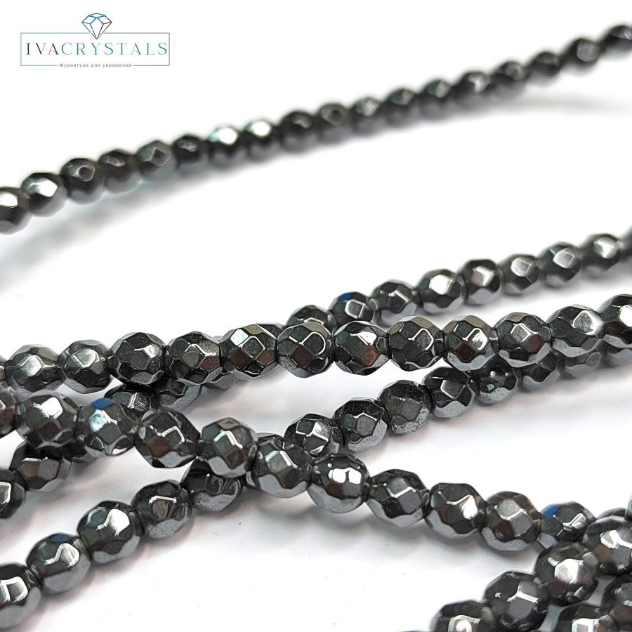 4 мм Гематит граненый, нить 40 см Черный