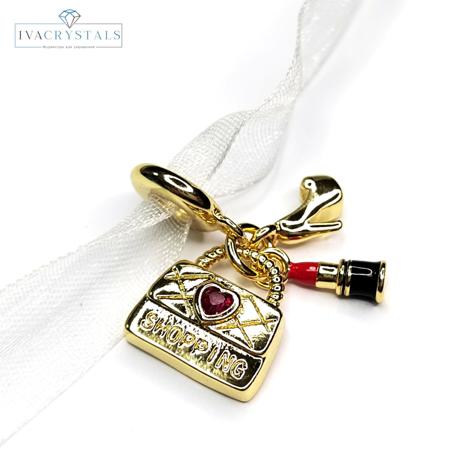 Подвеска из трёх предметов Сумочка - Помада - Туфелька, 26 мм, покрытие Позолота