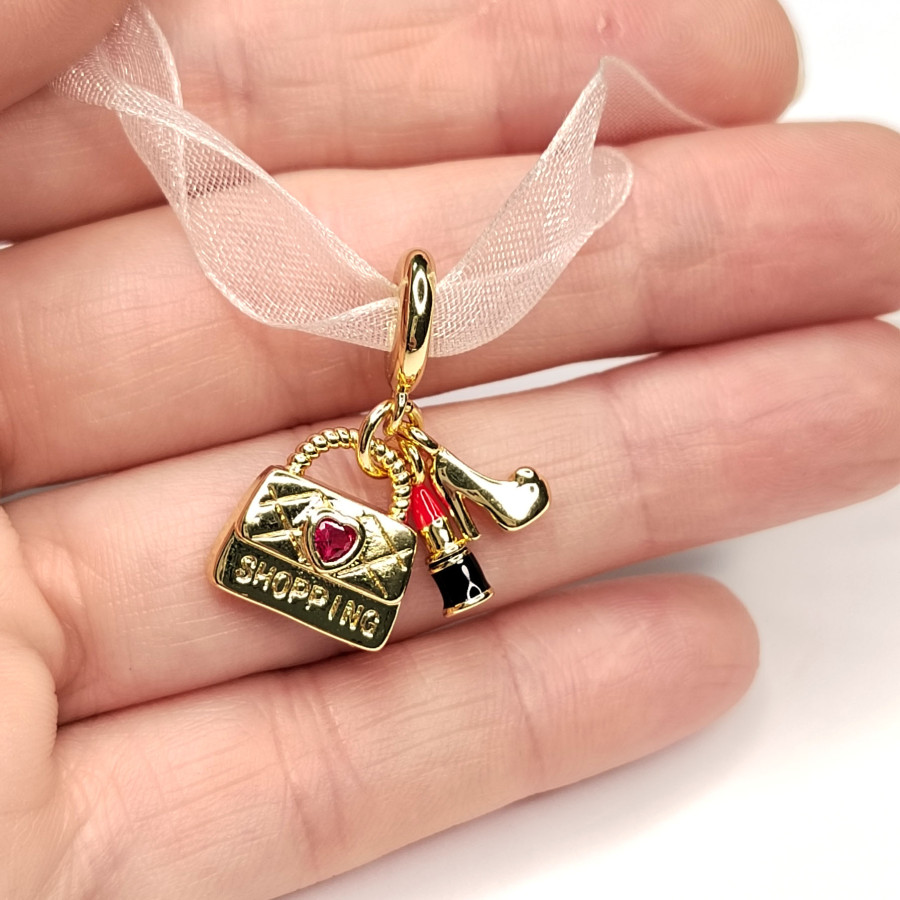 Подвеска из трёх предметов Сумочка - Помада - Туфелька, 26 мм, покрытие Позолота