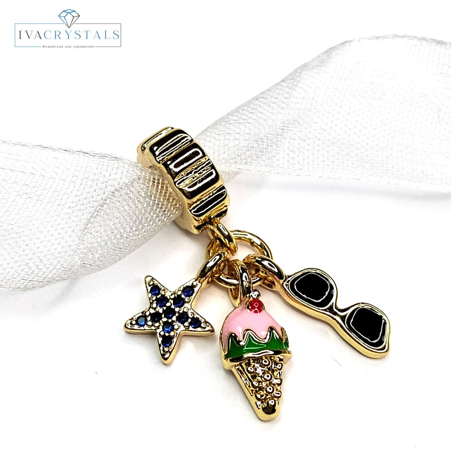 Подвеска из трёх предметов Мороженое - Звезда - Очки, 25 мм, покрытие Позолота