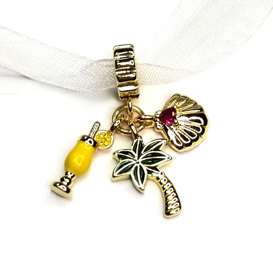 Подвеска из трёх предметов Пальма  Веер и Коктейль, 30 мм, покрытие Позолота