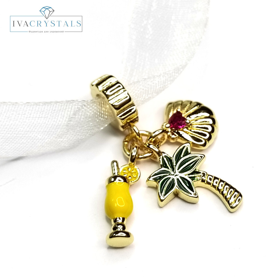 Подвеска из трёх предметов Пальма  Веер и Коктейль, 30 мм, покрытие Позолота